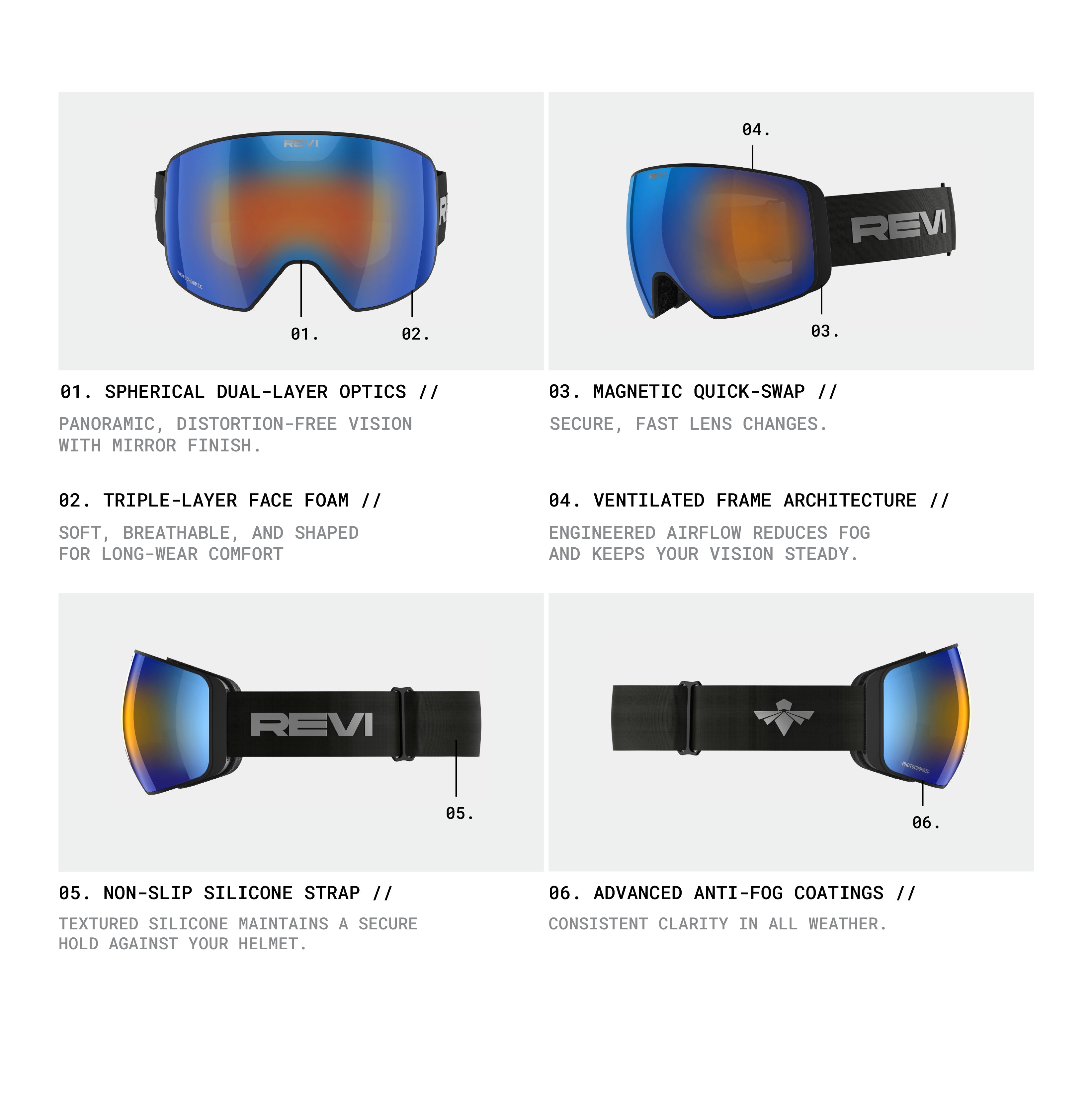 Blue Revi goggle with photochromic lens, light-adaptive and anti-fog tech for changing mountain conditions